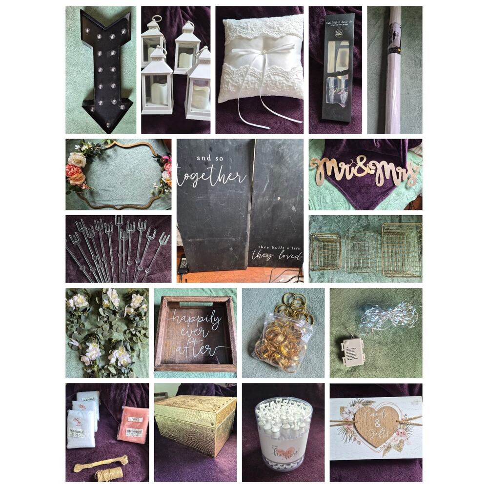 SOME NWT/USED: HUGE Wedding Decor Lot Miscellaneous Signage, Lanterns, Tulle